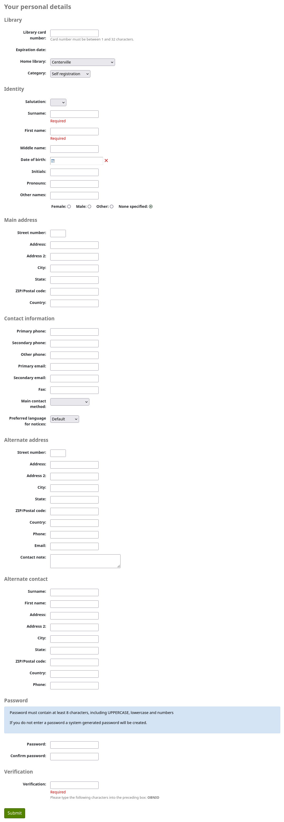 Form to create a new account on the OPAC