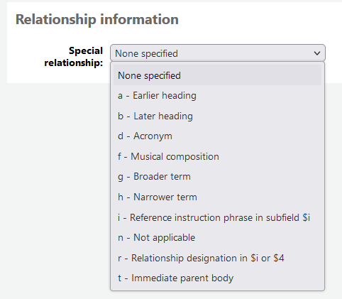 Dropdown menu for relationship information between authority records showing different relationship types