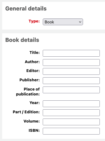 चयनित "पुस्तक" प्रकार के साथ नए ILL अनुरोध पृष्ठ के शीर्ष भाग को दिखाना; पुस्तक विवरण के लिए एक खंड प्रदर्शित किया जाता है।