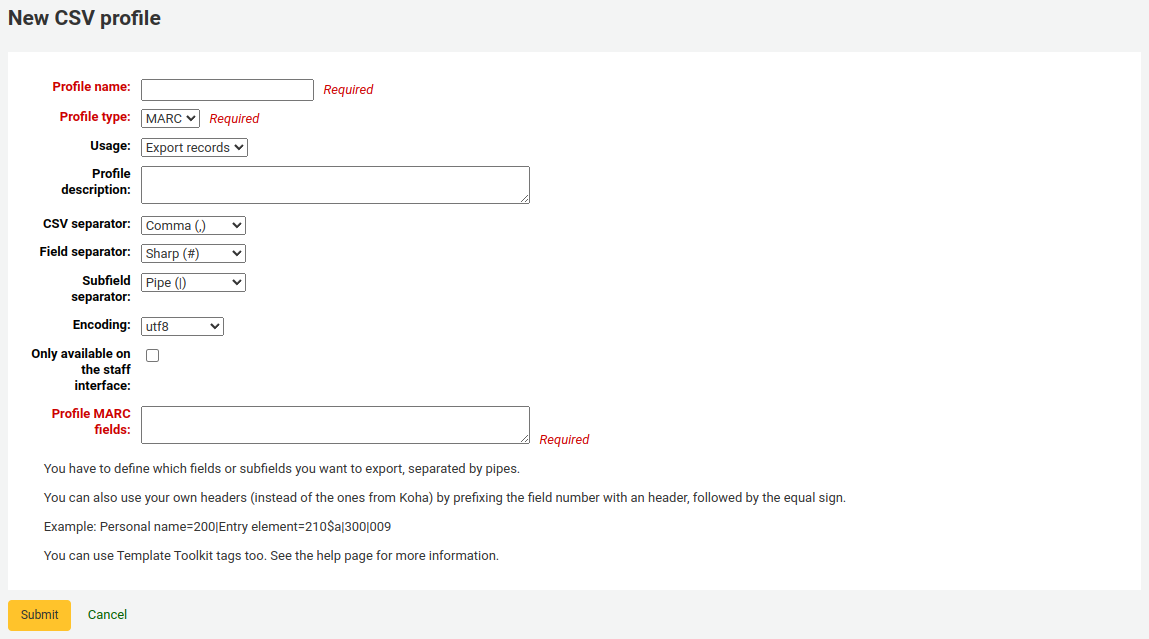 Add new CSV profile form