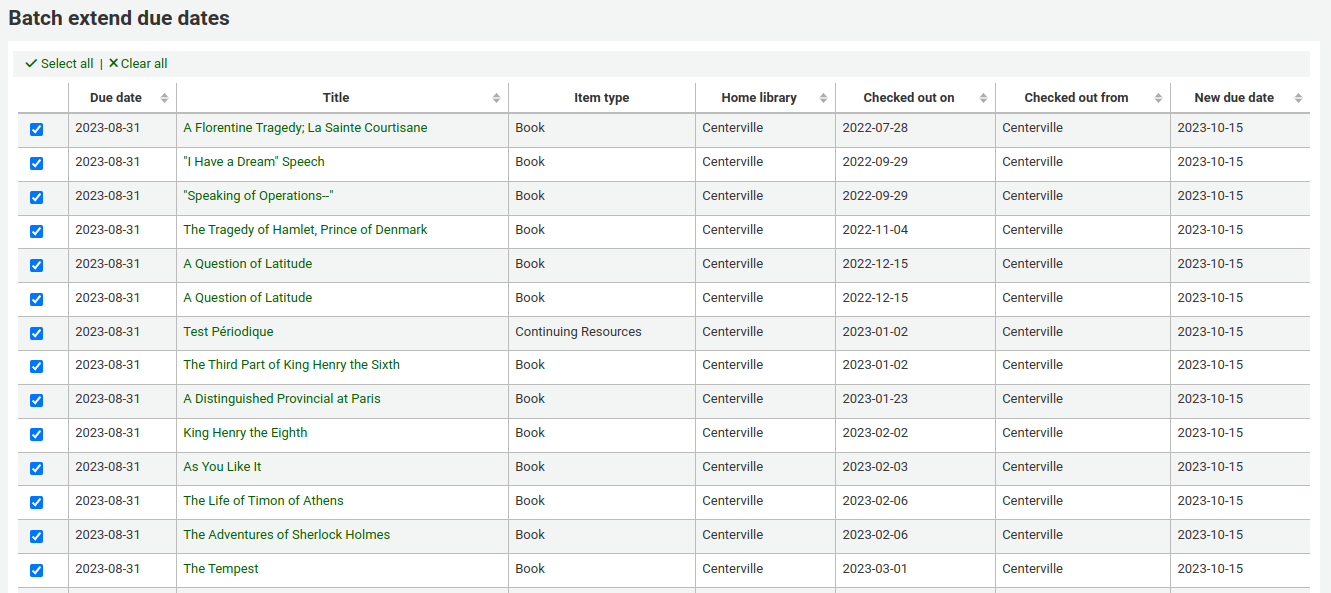 Batch extend due dates preview results page