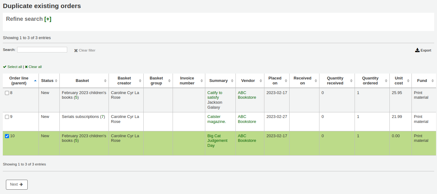 Order search results for duplicating orders