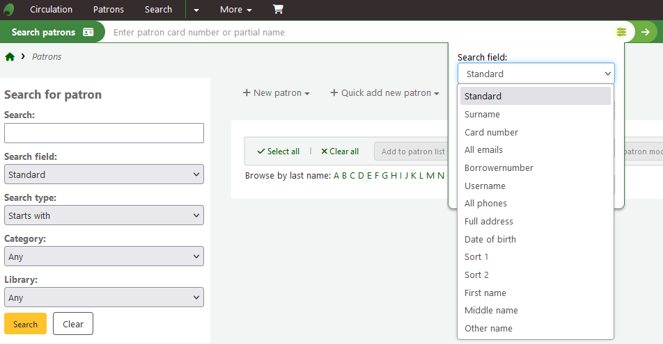 Dropdown menu of possible search fields shown in the more options menu of a patron search with the value "Standard" selected