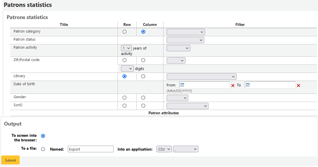 View of patron form for patron statistics