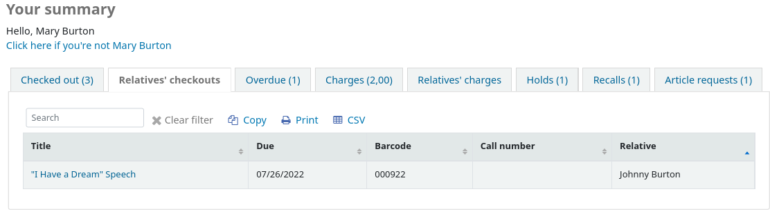 The Relatives' checkouts tab in a patron's summary page on the OPAC