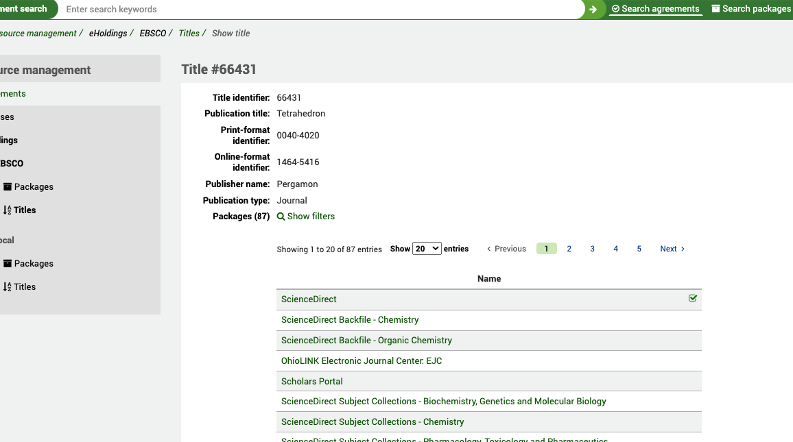 Full view of a title; showing details such as the publisher name, publication type and a list of packages it is in.