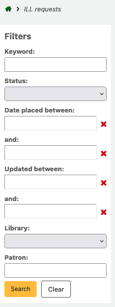 Filter für Fernleihbestellungen; zeigt Optionen für Schlagwort, Status, Datum der Bestellung zwischen, Aktualisierung zwischen, Bibliothek, Nutzer.