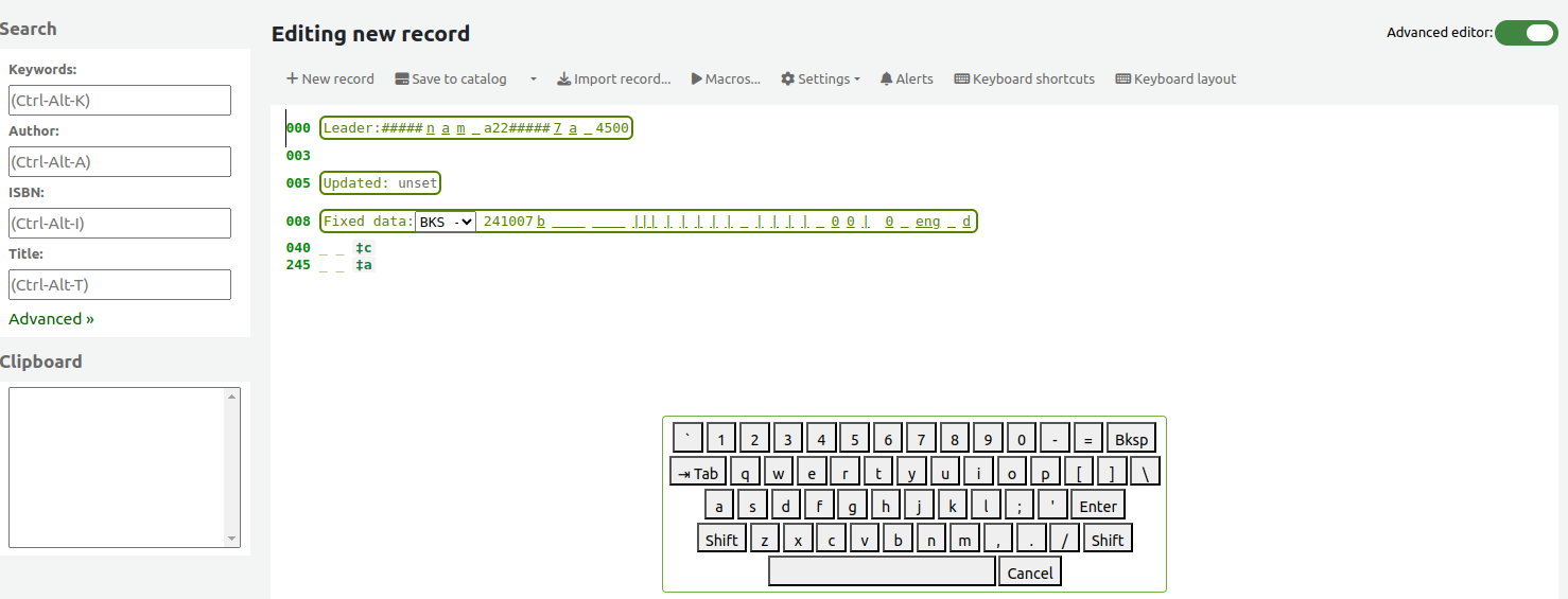 Der Erweiterte Editor mit einer virtuellen Tastatur am Ende der Seite.