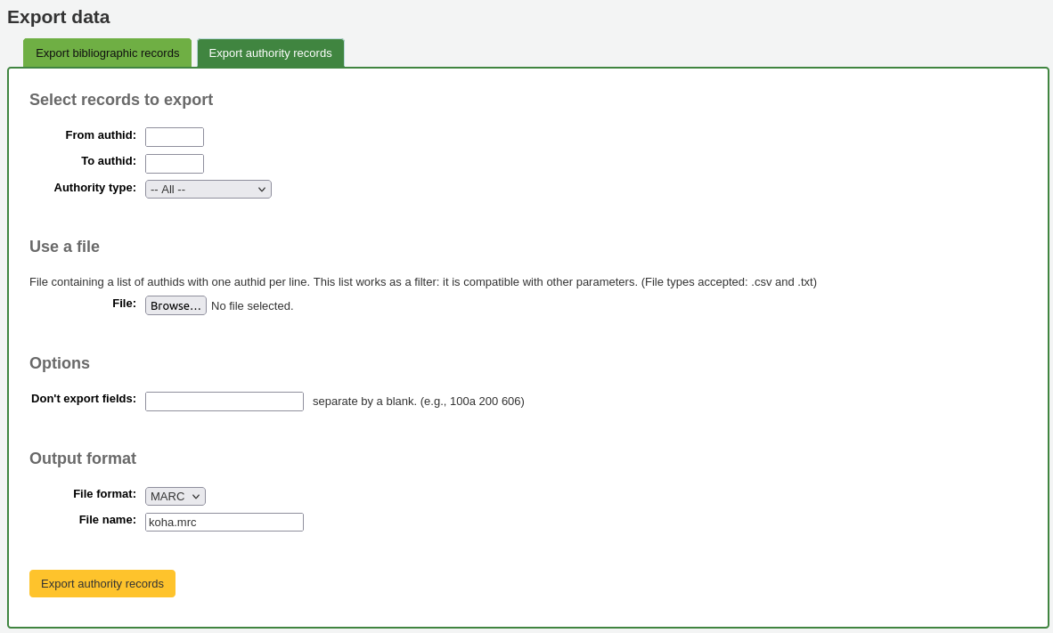 Form to export authority records