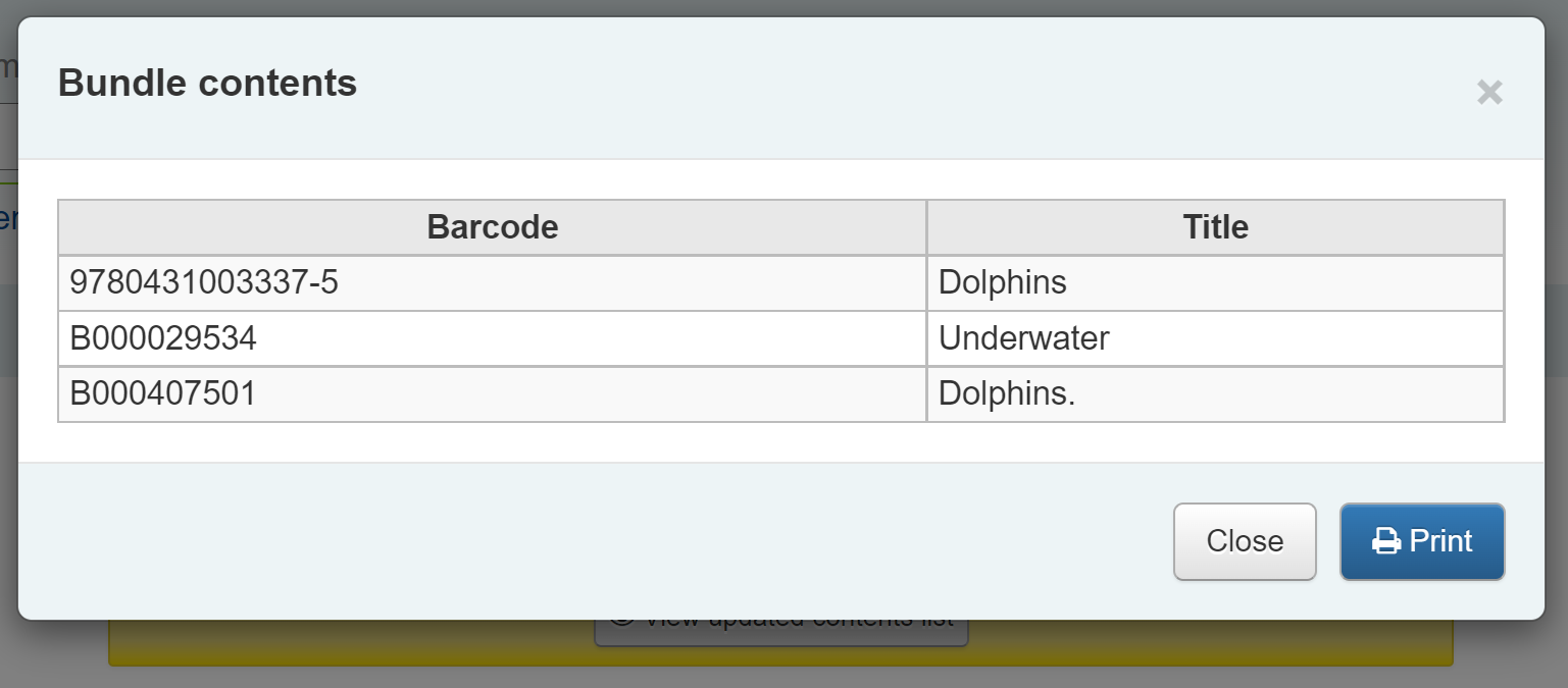 'Bundle contents' pop-up showing the barcode and title of each bundled item; there are two buttons: Close and Print