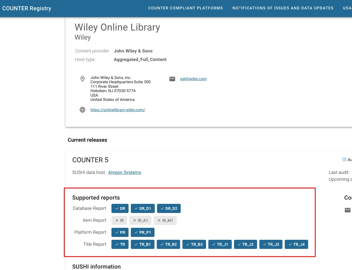 Seite für Wiley Online Library auf der Counter-Registry-Webseite. Der Abschnitt „Unterstützte Berichte“ ist hervorgehoben.