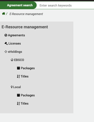 ERM-Modul mit Navigationsmenü auf der linken Seite, mit Anzeige der konfigurierten Anbieter EBSCO und Lokal unter eHoldings.