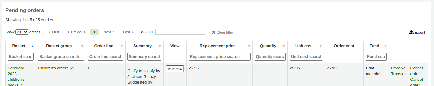 Oben in der Tabelle der ausstehenden Aufträge gibt es Suchfelder