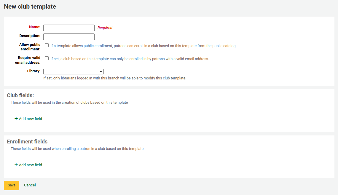 Formular für die Erstellung eines Club-Templates