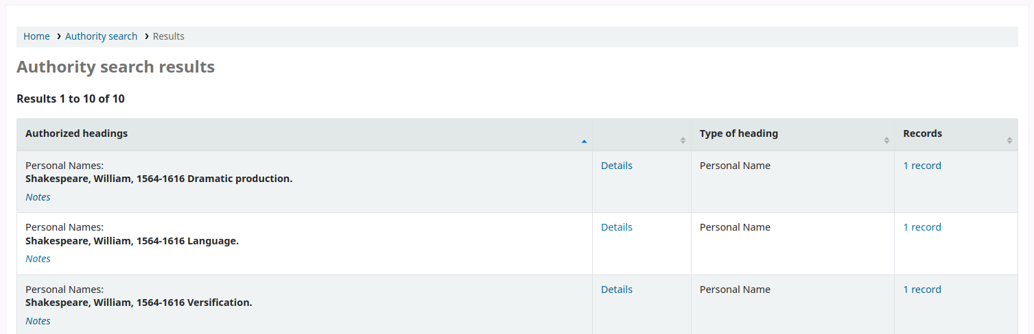 Authority search results in the OPAC, showing authorized headings, type of heading, and the number of records it is used in