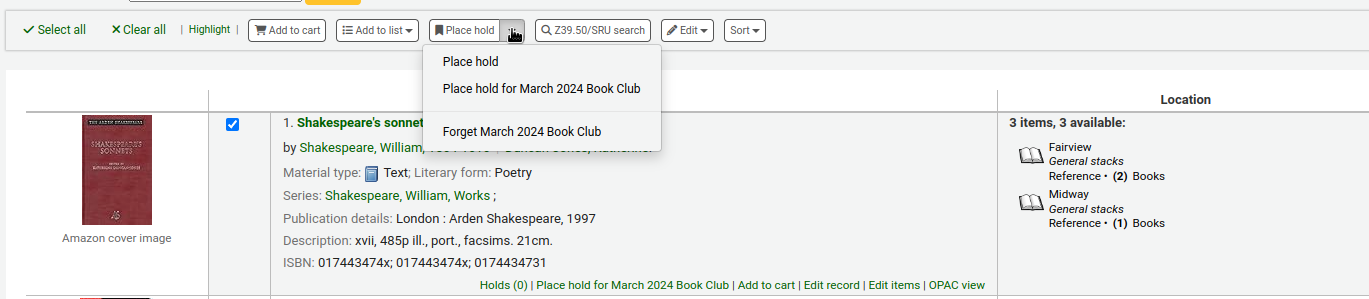 Die Pfeiltaste neben „Vormerken“ am oberen Rand der Suchergebnisse in der Benutzeroberfläche ist gedrückt und Optionen sind die folgenden: „Vormerken“, „Vormerken für März 2024 Buch-Club“ und „März 2024 Buch-Club vergessen“