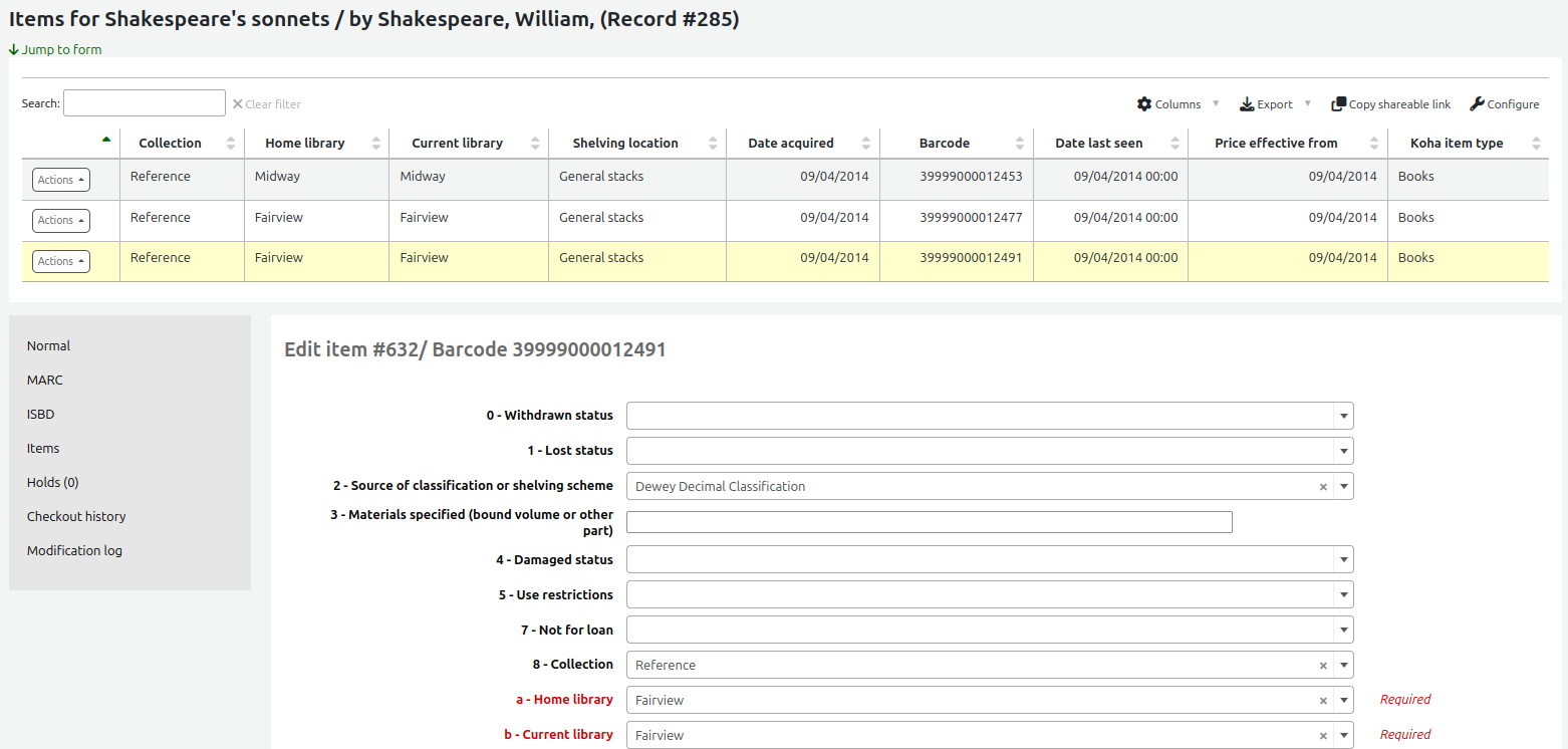 Manage items page, one of the items is hightlighted in the table at the top of the page and its informations are in the edit item form.
