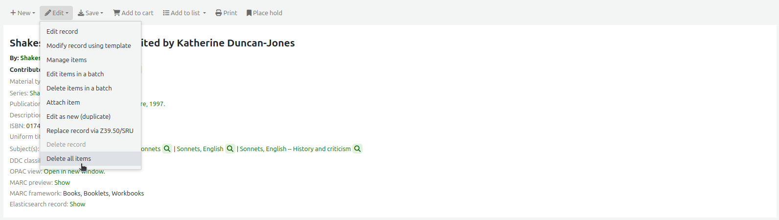 The Edit menu in a bibliographic record, the mouse cursor is on the 'Delete all items' option