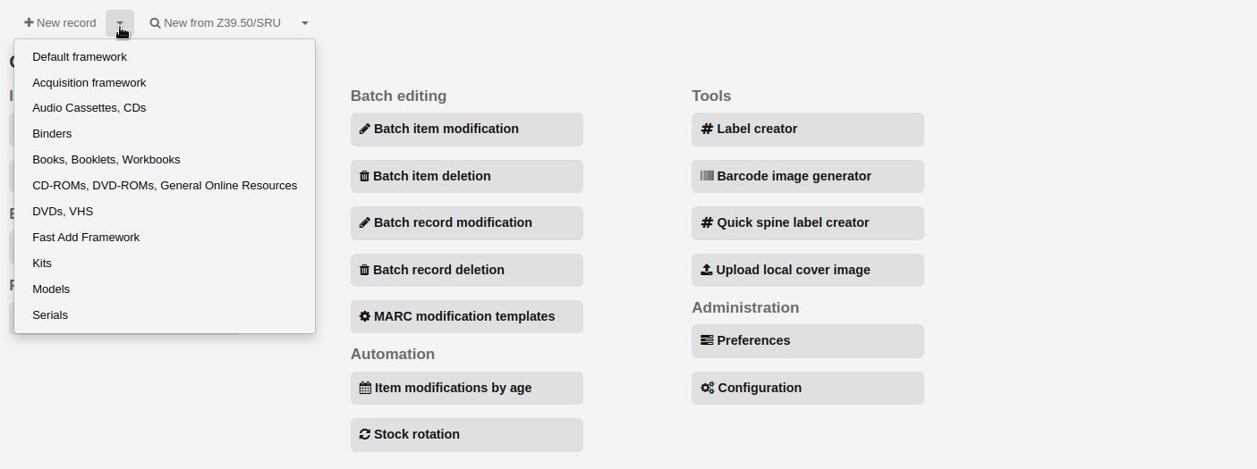 A choice of bibliographic frameworks opens when the arrow next to the 'New record' button is clicked
