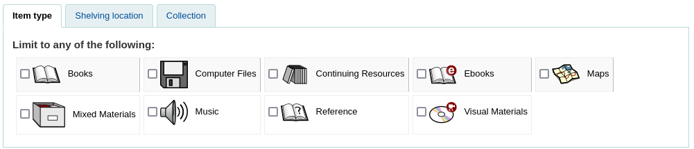 Advanced search tabbed limits for item type, shelving location and collection