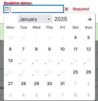 Booking dates calendar widget, showing some dates in black and some greyed out with a blue dot.