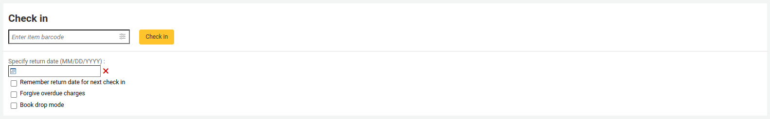 The check in page of the circulation module. The field to scan the barcode is visible, as well as the checkin settings underneath: specify return date, remember return date for next check in, and book drop mode.