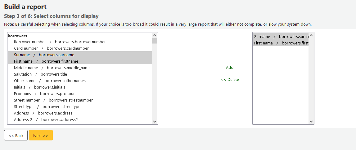 Third step of creating a guided report - select columns for display