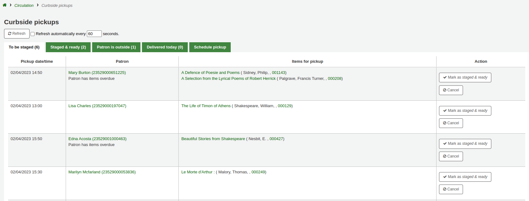 Curbside pickup management page, the To be staged tab is selected, there are several scheduled pickups to prepare