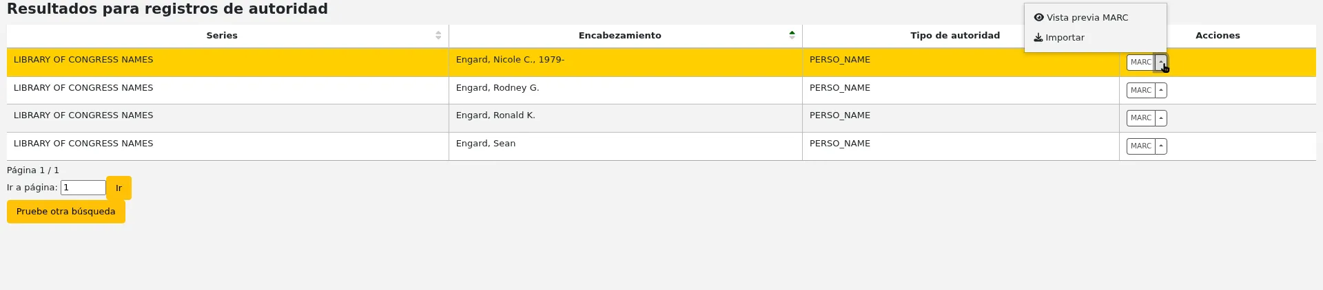 Results list of a Z39.50/SRU search for an authority record showing a result from the list marked to be imported