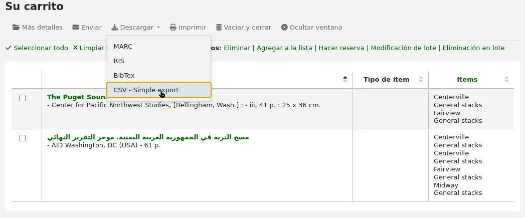 View of the cart with the 'Download' button open and "CSV - Simple export" is selected, other options are iso2709, RIS, and BibTeX.