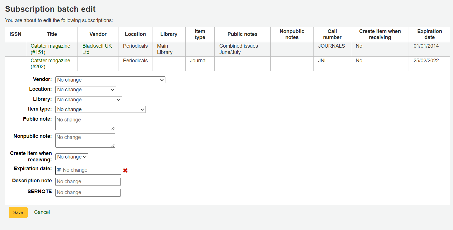 Subscription batch editing form