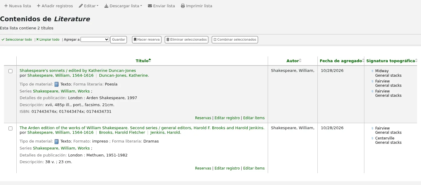 View of contents of a list showing titles and functions