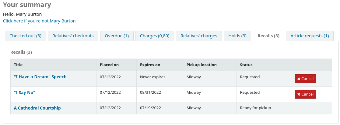 The Recalls tab in a patron's summary page on the OPAC
