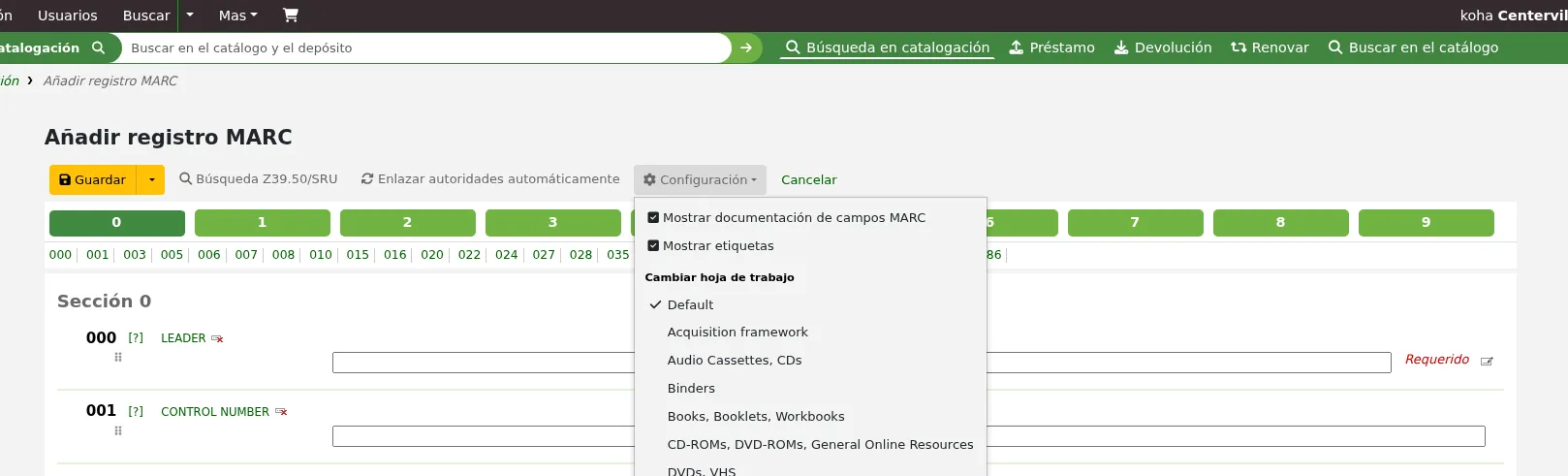 The basic cataloging editor, the Settings button is open and the mouse cursor is on the Show tags option. Other options are Switch to advanced editor, Show MARC tag documentation links, and Change framework with the list of existing frameworks.