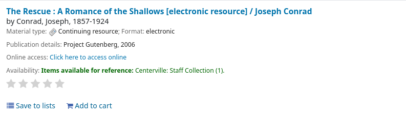 When the not for loan status is in the Reference_NFL_Statuses list, it will appear as 'Available for reference' in the OPAC. The image shows a search result in the OPAC with one item 'Available for reference' (in green text)