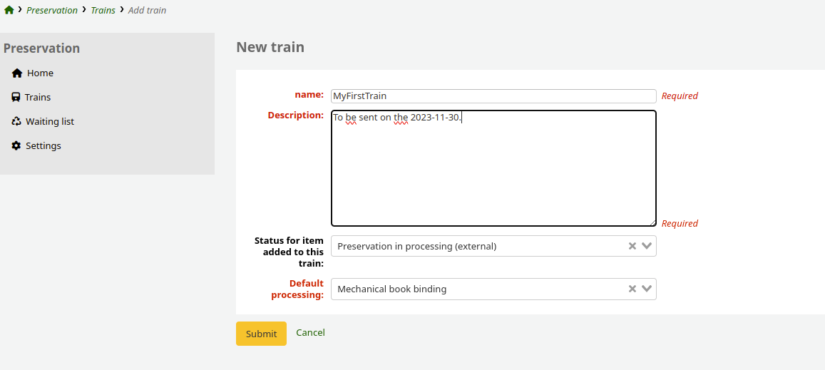 Page pour créer et ajouter un nouveau train de reliure au module Conservation