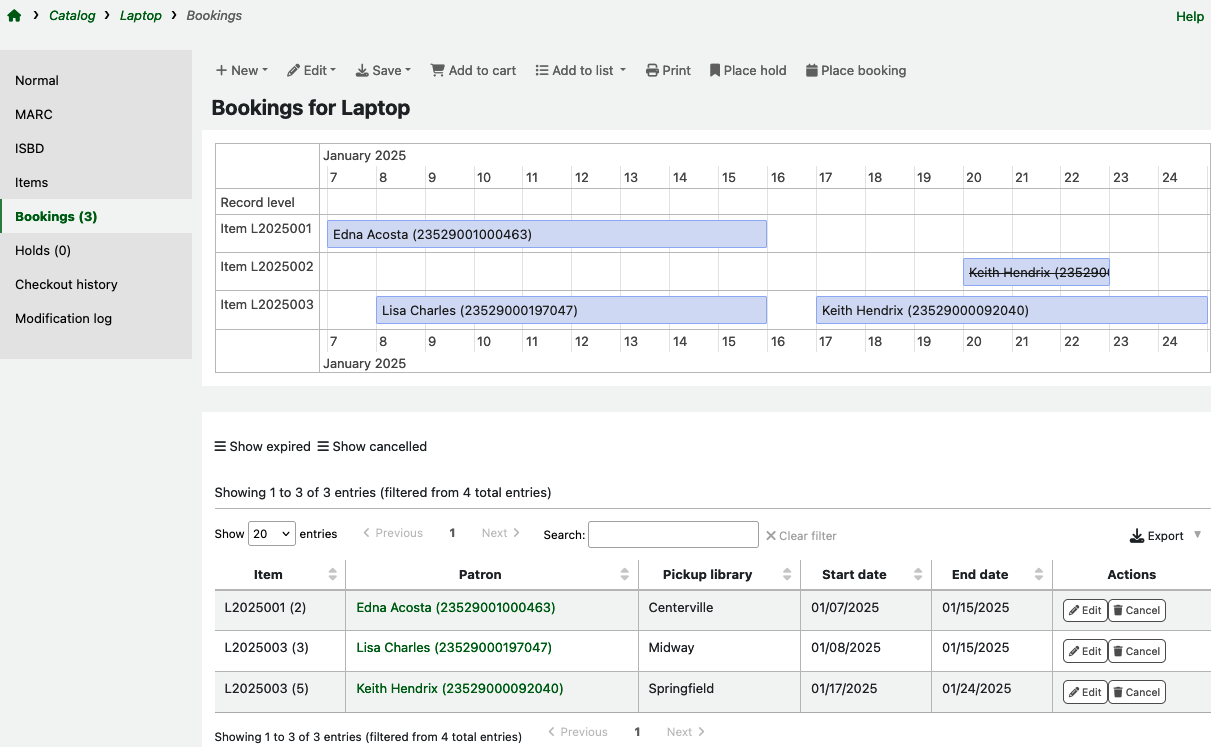 Bookings view from the bibliographic record. A calendar for all bookable items is displayed above a list of bookings. Each booking has its own placeholder in the calendar, showing the name of the patron on the line for the corresponding item. The list of bookings is a table with the columns: Item, Patron, Pickup library, Start date, End date, Actions.