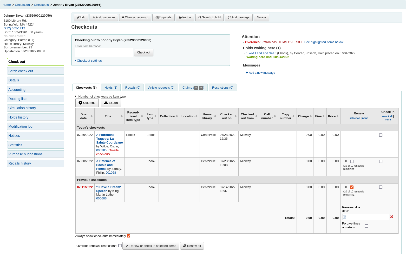 Check out tab of a patron file, current checkouts are displayed