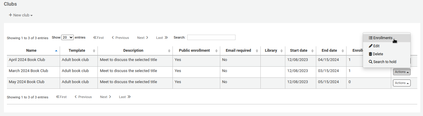 The list of clubs, the Actions button next to one of the clubs is pressed and the mouse cursor is on the Enrollments option