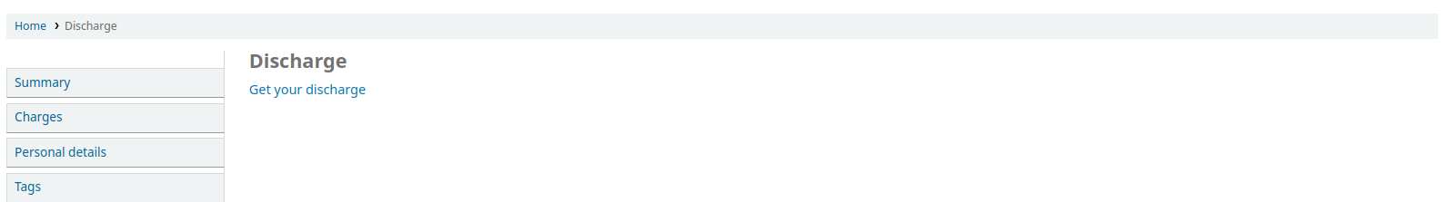 Discharge tab in the patron account in the OPAC with a 'Get your discharge' link