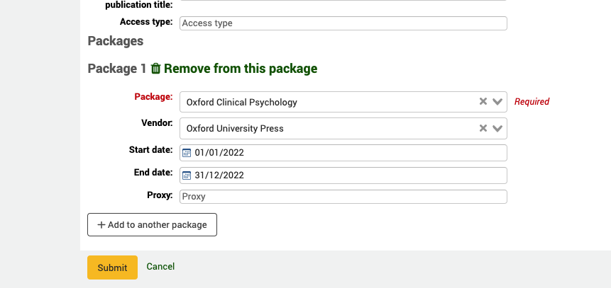 Form to add a title to a package, showing fields for the package name, vendor, start and end dates.