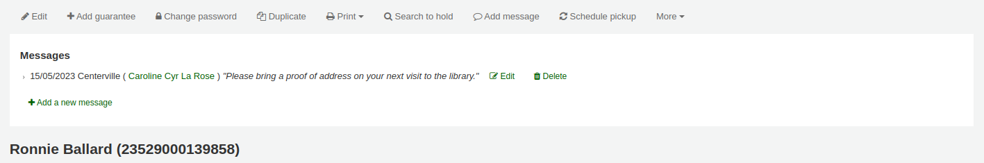 OPAC message appearing in the patron's detail page in the staff interface just under the edit buttons