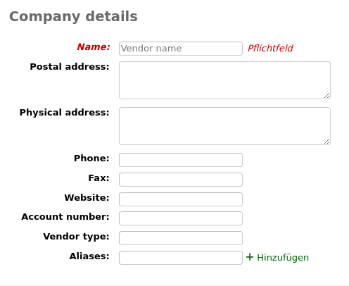 Bereich für Unternehmensangaben des neuen Lieferantenformulars