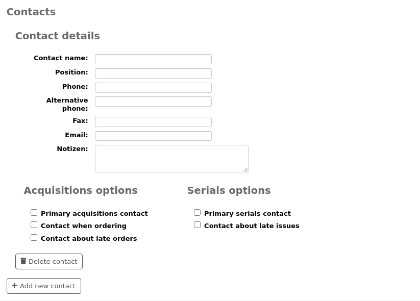 Bereich Kontakte des neuen Lieferantenformulars