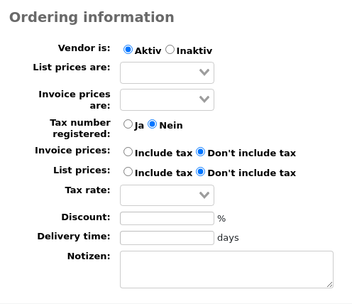 Bereich "Bestellinformationen" im Formular für neue Lieferanten
