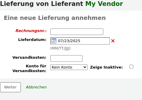 Formular zur Anname einer neuen Lieferung