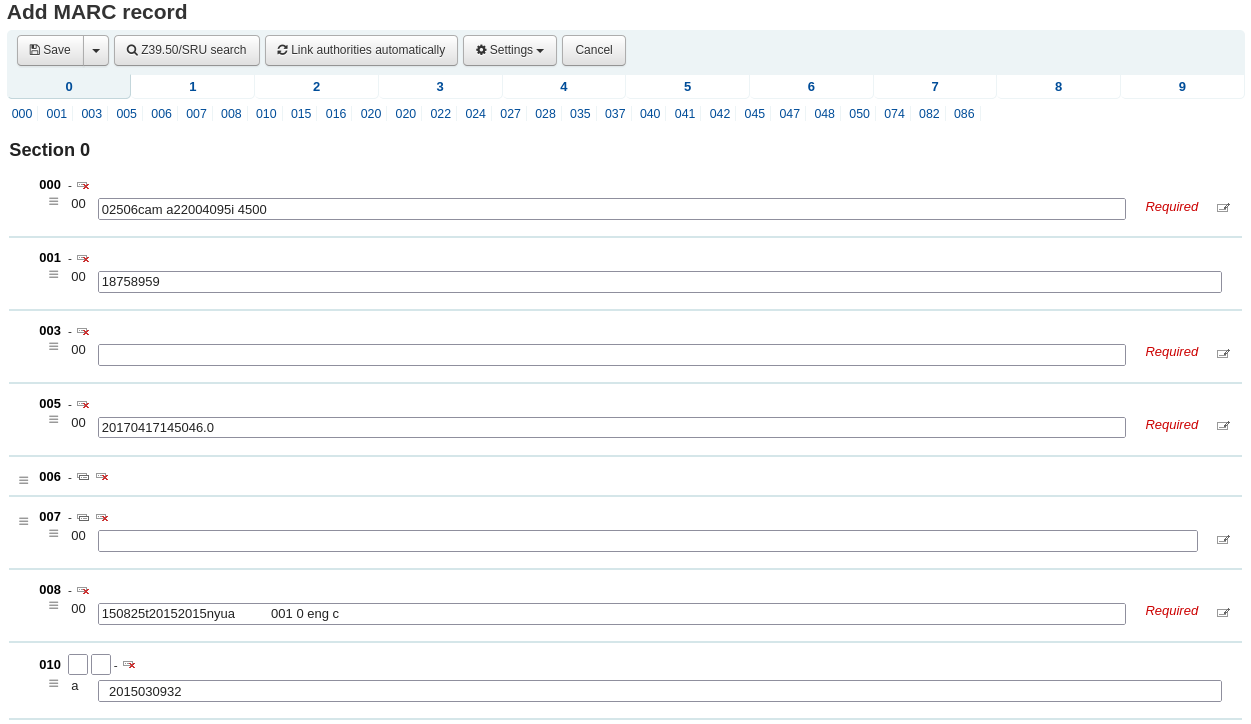 The basic editor in cataloging, only the field numbers and subfield codes are shown next to the fields and subfields.