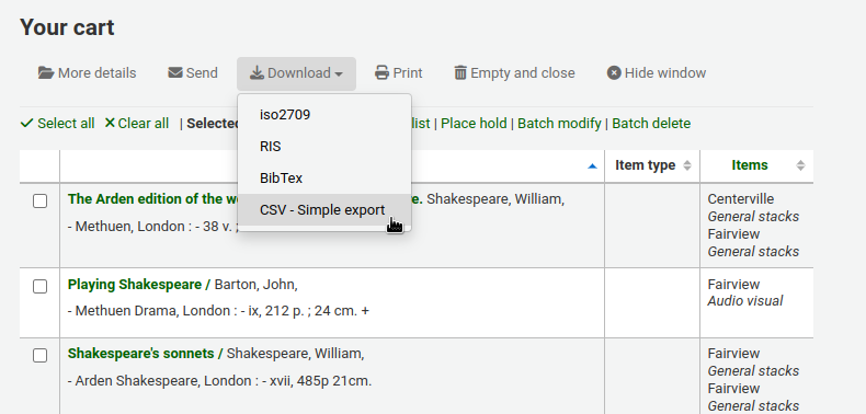 Ansicht des Warenkorbs mit geöffneter Schaltfläche „Herunterladen“ und der Auswahl „CSV - Einfacher Export“, weitere Optionen sind iso2709, RIS und BibTex.