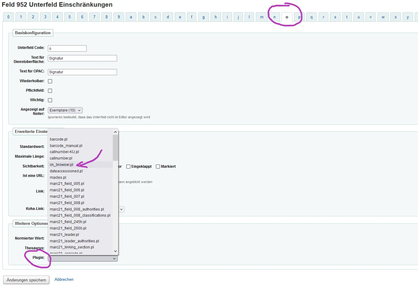 Activating call numbers browser in subfield o of field 952