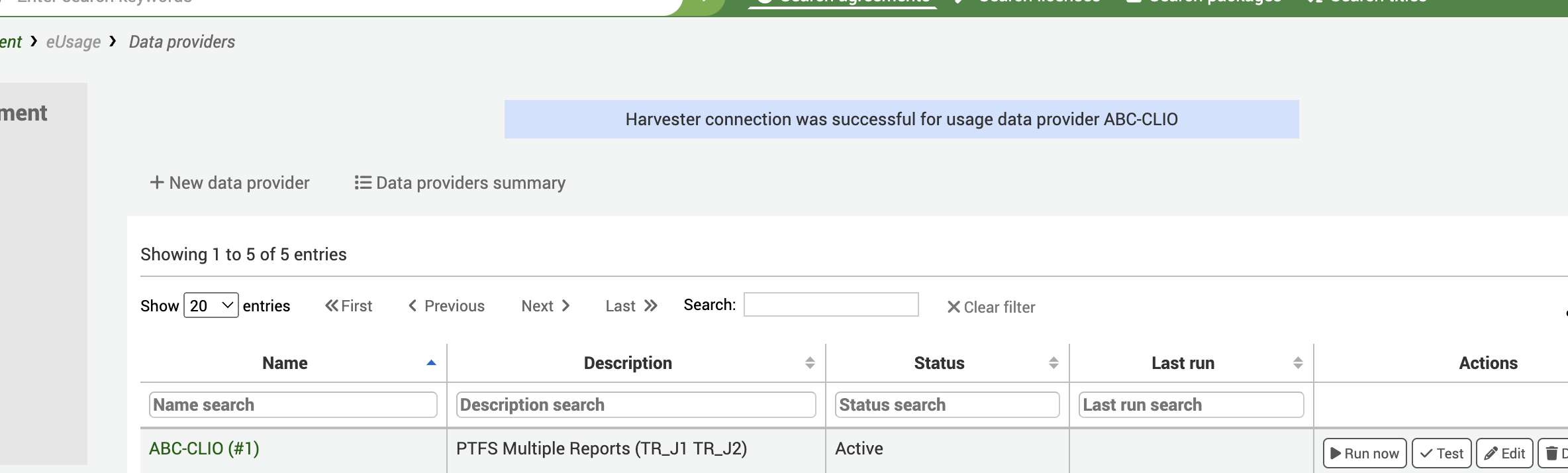 Seite der Datenanbieter mit der Meldung: 'Harvester-Verbindung war erfolgreich für Nutzungsdatenanbieter ABC-CLIO'.